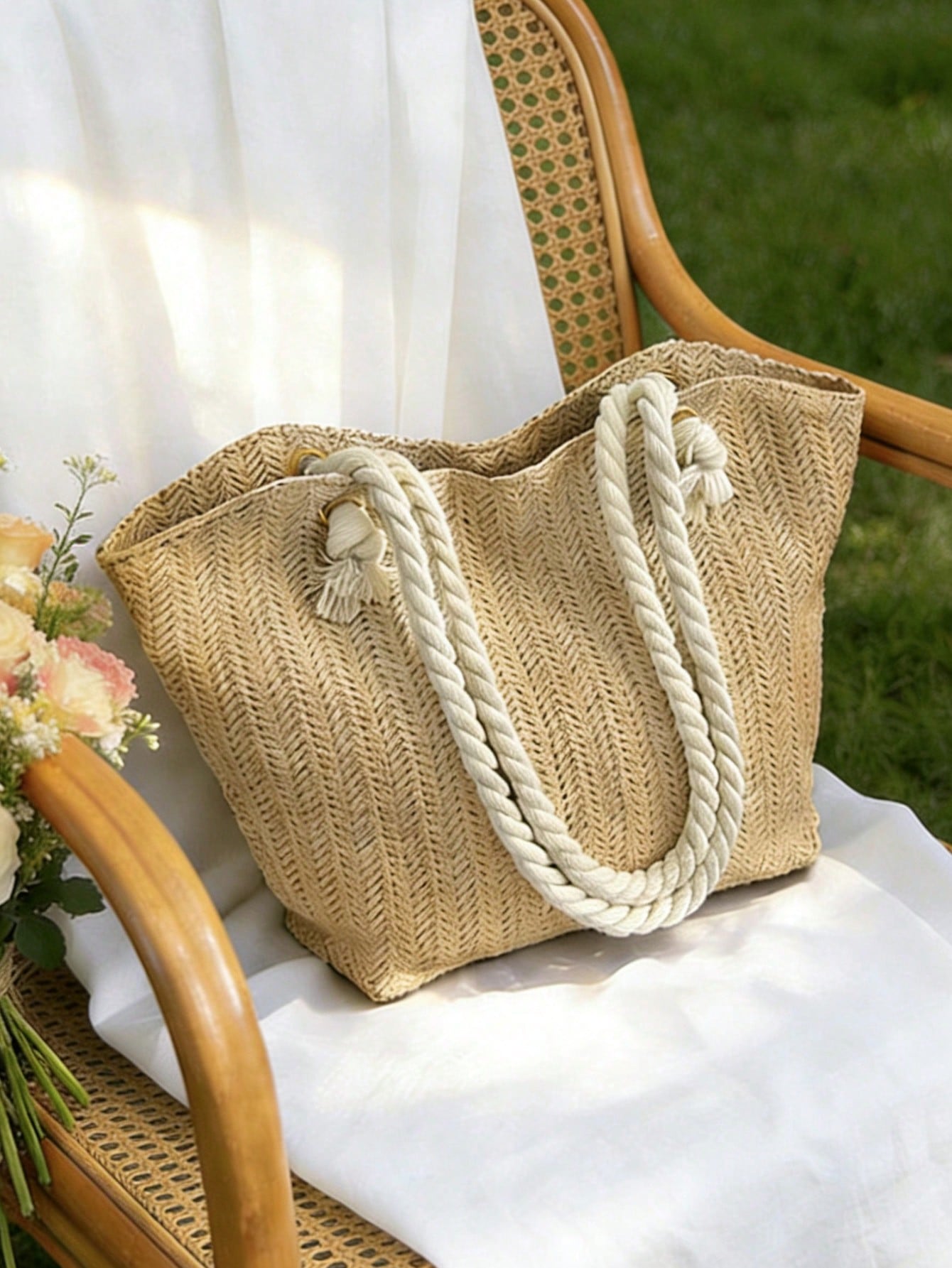 Summer Beach Vacation Straw Tote Bag, Large Capacity, Fashionable, Versatile, Casual Shoulder Bag